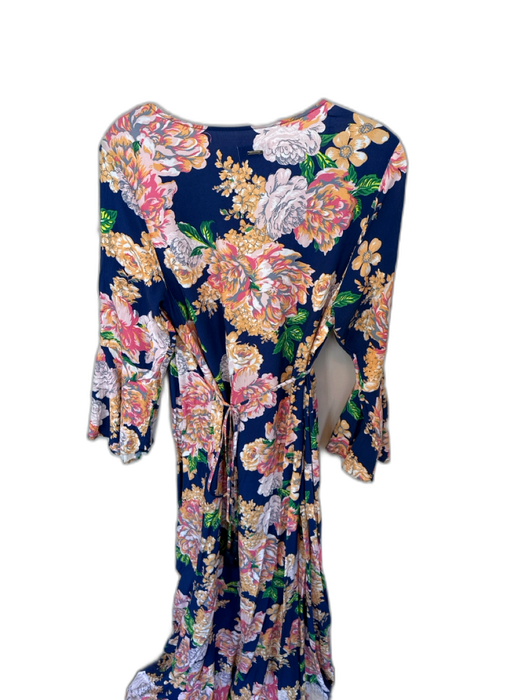 Maaji Size M Navy & Orange Viscose Long Sleeve Botanical Wrap Maxi Dress Navy & Orange / M