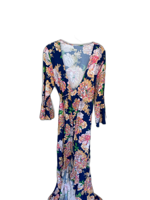Maaji Size M Navy & Orange Viscose Long Sleeve Botanical Wrap Maxi Dress Navy & Orange / M