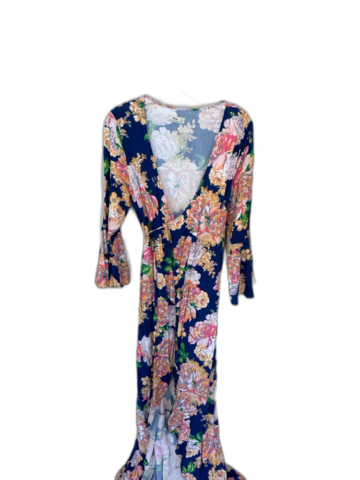 Maaji Size M Navy & Orange Viscose Long Sleeve Botanical Wrap Maxi Dress Navy & Orange / M