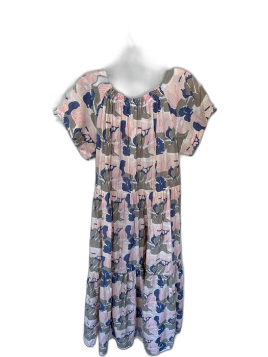 Mirth Size M Peach & Blue Cotton Short Sleeve Abstract Elastic Neck Sash Dress Peach & Blue / M