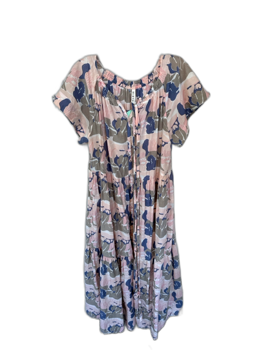 Mirth Size M Peach & Blue Cotton Short Sleeve Abstract Elastic Neck Sash Dress Peach & Blue / M