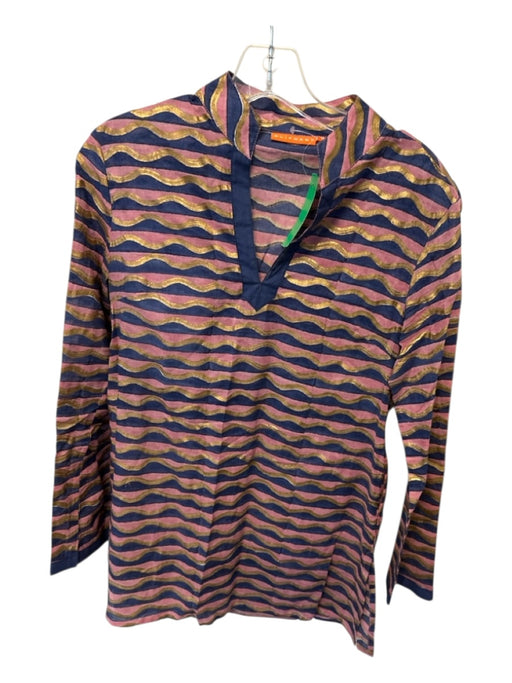 Oliphant Size S Mauve & Navy Print Cotton Long Sleeve Metallic Tunic Top Mauve & Navy Print / S