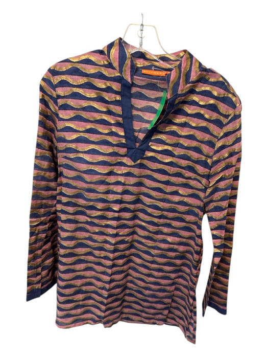 Oliphant Size S Mauve & Navy Print Cotton Long Sleeve Metallic Tunic Top Mauve & Navy Print / S