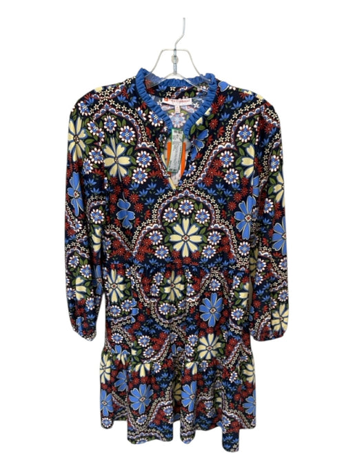 Jude Connally Size XS Blue & Red Nylon Blend Long Sleeve Botanical V Neck Dress Blue & Red / XS
