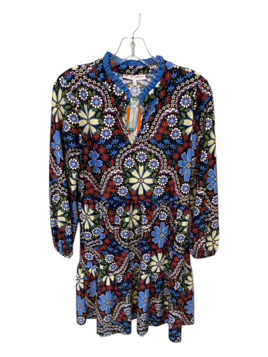 Jude Connally Size XS Blue & Red Nylon Blend Long Sleeve Botanical V Neck Dress Blue & Red / XS