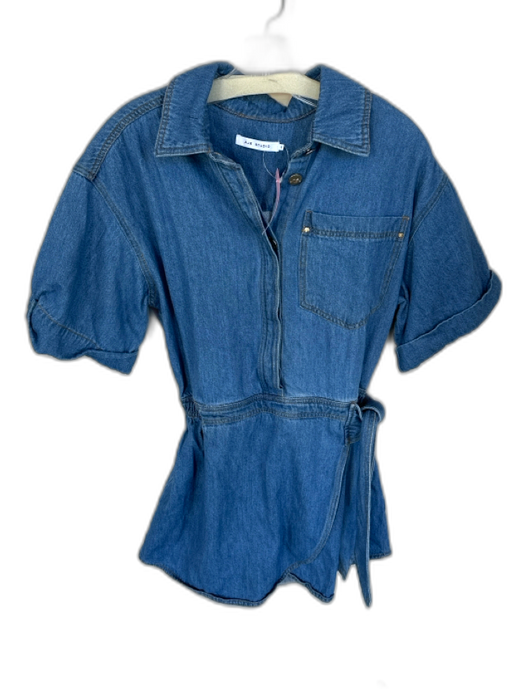 Aje. Size 10 Med Dark Wash Cotton Short Sleeve Button Down Denim Side tie Dress Med Dark Wash / 10