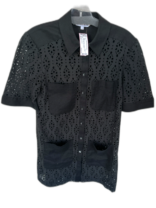 Veronica Beard Size 8 Black Linen Blend 3/4 Sleeve Eyelet Collar Dress Black / 8