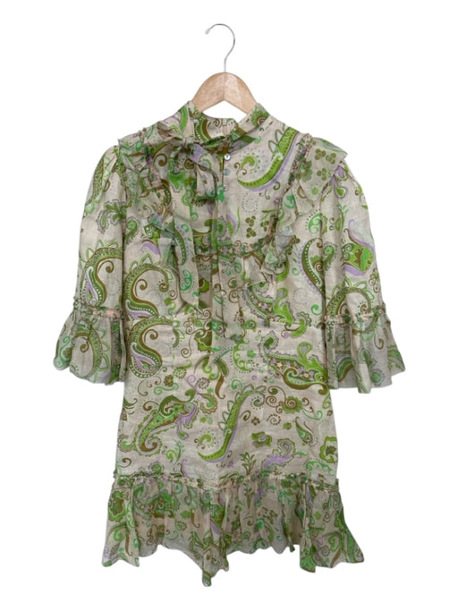 Alemais Size 12 Tan & Green Linen Long Bell Sleeve Botanical Ruffles Dress Tan & Green / 12