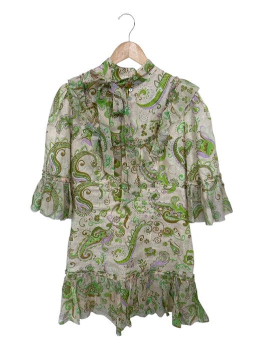 Alemais Size 12 Tan & Green Linen Long Bell Sleeve Botanical Ruffles Dress Tan & Green / 12