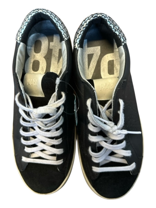 P448 Shoe Size 37 Black & White Leather Metallic Accent Athletic Sneakers Black & White / 37