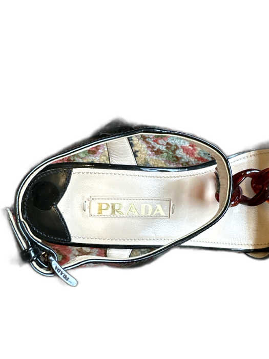 Prada Shoe Size Est 7.5 Black & Brown Patent Leather Chain Platform cork Sandals Black & Brown / Est 7.5