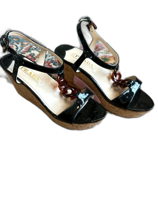 Prada Shoe Size Est 7.5 Black & Brown Patent Leather Chain Platform cork Sandals Black & Brown / Est 7.5
