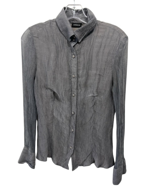 Akris Size 8 Gray Silk Micropleat Crinkle Long Sleeve Blouse Top Gray / 8