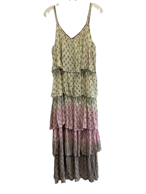 Gold & Silver Size T2 Yellow, Pink & Brown Rayon & Cotton Tiered Printed Dress Yellow, Pink & Brown / T2