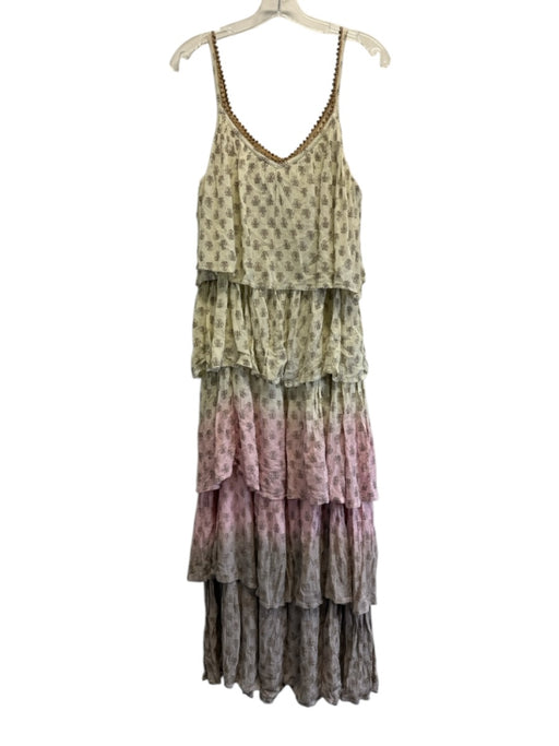 Gold & Silver Size T2 Yellow, Pink & Brown Rayon & Cotton Tiered Printed Dress Yellow, Pink & Brown / T2