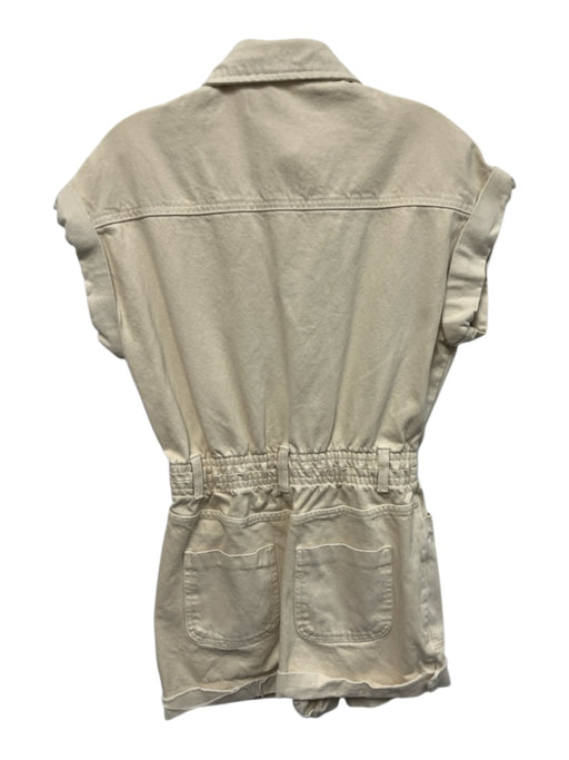 Zara Size XS Cream White Cotton Denim Snap Button Elastic Waist Raw Hem Romper Cream White / XS