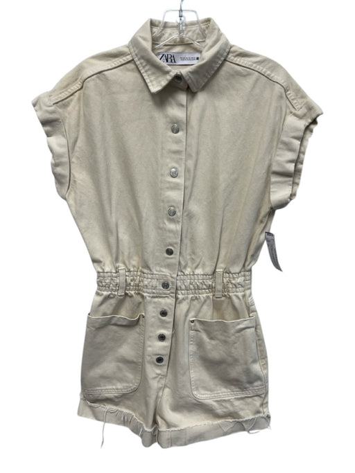 Zara Size XS Cream White Cotton Denim Snap Button Elastic Waist Raw Hem Romper Cream White / XS