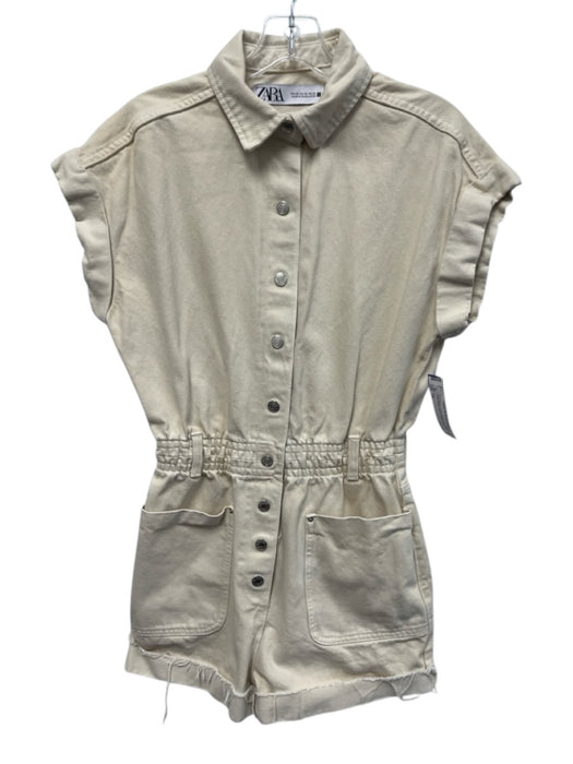 Zara Size XS Cream White Cotton Denim Snap Button Elastic Waist Raw Hem Romper Cream White / XS