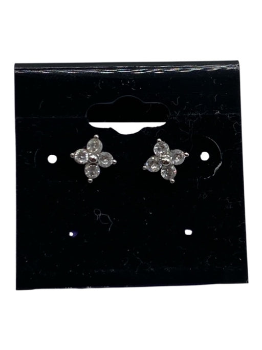 Silver & Clear Metal Cubic Zirconia Floral Post Back Four Petal Earrings Silver & Clear