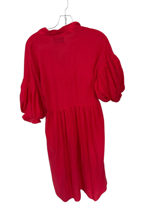 Marielle Size Est L Red Rouched Short Balloon Sleeve Button Down Midi Dress Red / Est L