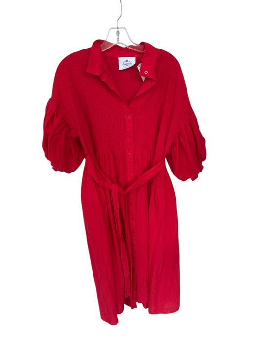 Marielle Size Est L Red Rouched Short Balloon Sleeve Button Down Midi Dress Red / Est L