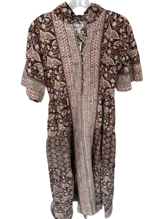 Sue Sartor Size XS Brown & Tan Cotton 3/4 Sleeve Botanical Buttons Maxi Dress Brown & Tan / XS
