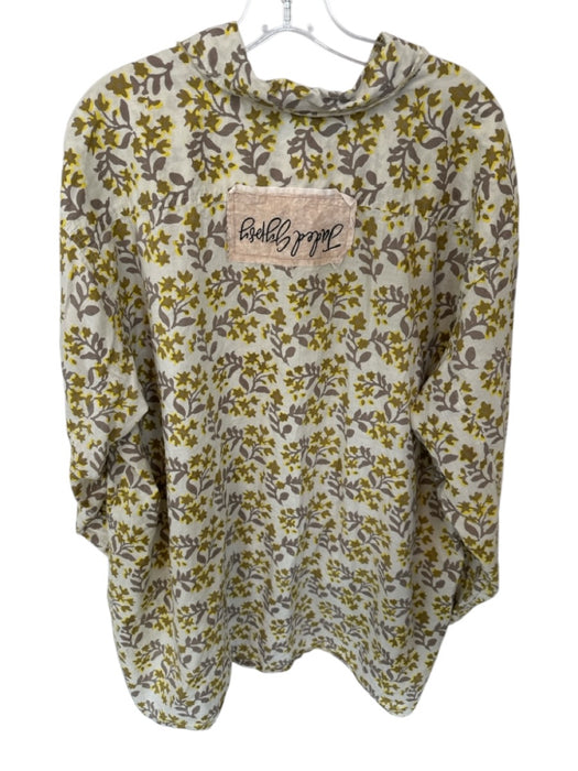 Jaded Gypsy Size L/XL Taupe & Yellow Cotton Long Sleeve Flowers Raw Hem Top Taupe & Yellow / L/XL