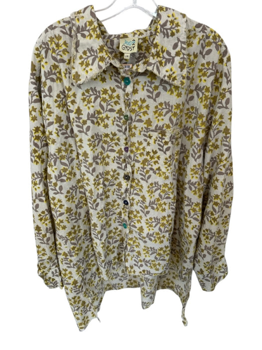 Jaded Gypsy Size L/XL Taupe & Yellow Cotton Long Sleeve Flowers Raw Hem Top Taupe & Yellow / L/XL