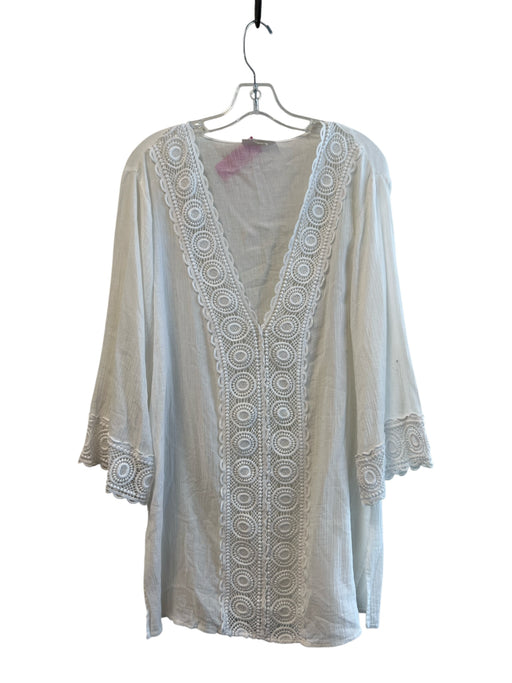 La Blanca Size M White Cotton V Neck 3/4 Sleeve Semi Sheer Lace Detail Coverup White / M