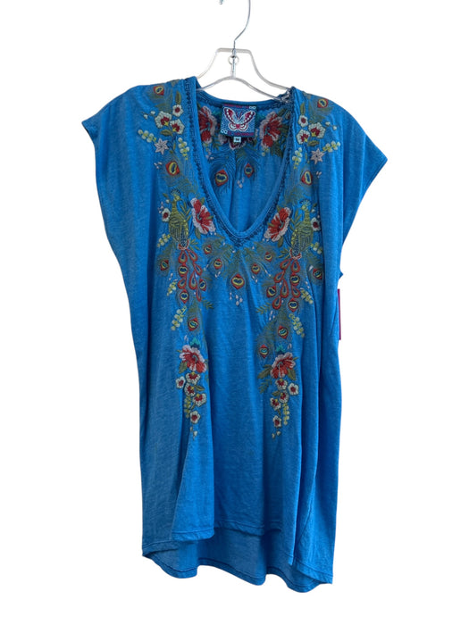 Johnny Was Size M Blue & Multi Polyester Blend V Neck Short Sleeve Floral Tunic Blue & Multi / M