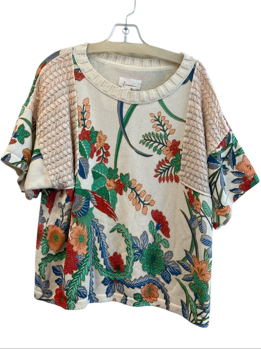 By Anthropologie Size M Creme & Multi Cotton Short Sleeve Floral Round Neck Top Creme & Multi / M