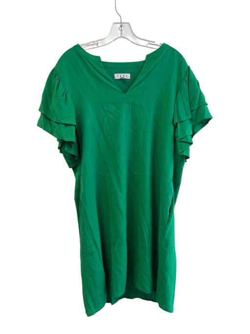 THML Size L Green Rayon & Linen Ruffle Short Sleeve Knee Length Dress Green / L