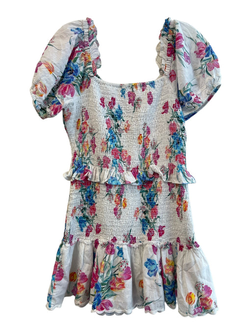 Love Shack Fancy Size 8 White & Multi Cotton Shirred Short Puff Sleeve Dress White & Multi / 8