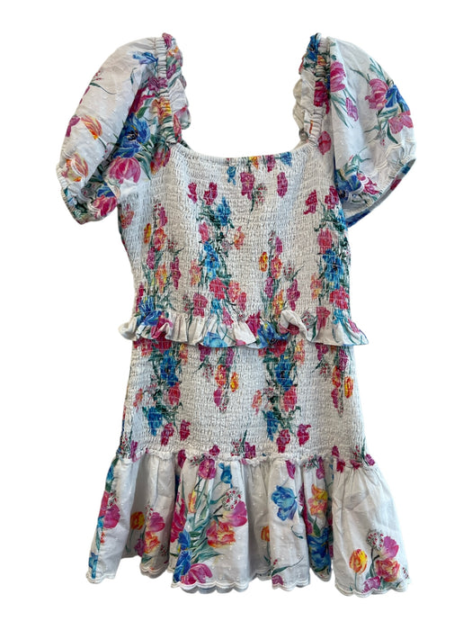 Love Shack Fancy Size 8 White & Multi Cotton Shirred Short Puff Sleeve Dress White & Multi / 8