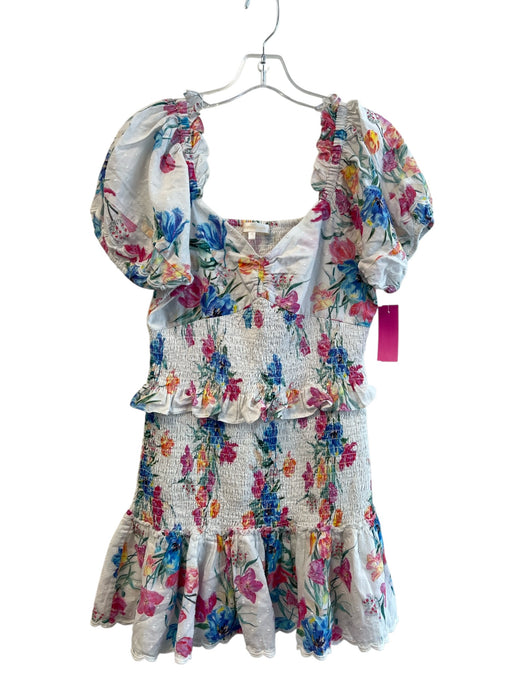 Love Shack Fancy Size 8 White & Multi Cotton Shirred Short Puff Sleeve Dress White & Multi / 8
