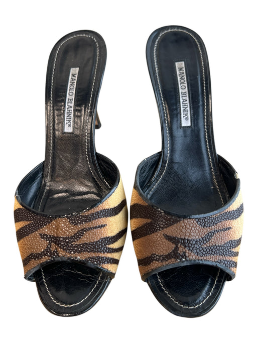 Manolo Blahnik Shoe Size 40 Black Brown & Beige Leather open toe Stiletto Shoes Black Brown & Beige / 40