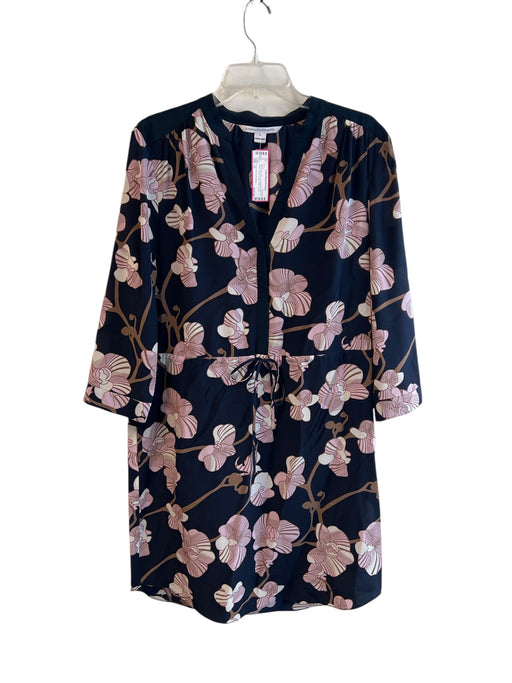 Diane Von Furstenberg Size 12 Blue & Pink Silk Long Sleeve Floral V Neck Dress Blue & Pink / 12