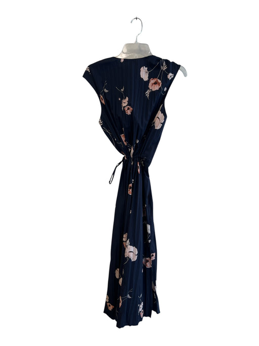Vince Size L Navy Blue Polyester Sleeveless Floral Print V Neck Pleats Dress Navy Blue / L