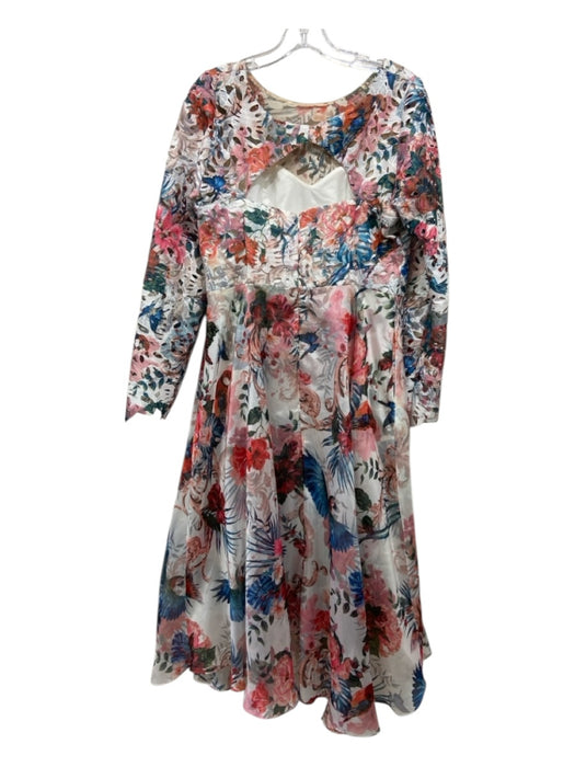 Marchesa Notte Size 10 White, Pink, Multi Polyester Long Sleeve Midi Dress White, Pink, Multi / 10