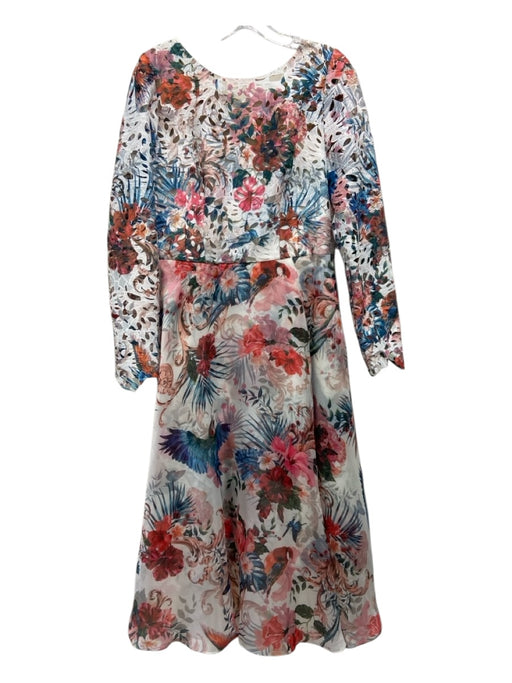 Marchesa Notte Size 10 White, Pink, Multi Polyester Long Sleeve Midi Dress White, Pink, Multi / 10