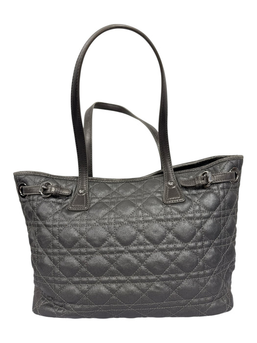 Christian Dior Gunmetal Coated Canvas Leather trim Quilted Logo Charm Tote Bag Gunmetal