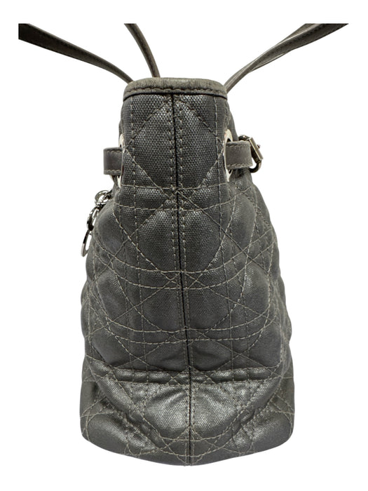 Christian Dior Gunmetal Coated Canvas Leather trim Quilted Logo Charm Tote Bag Gunmetal