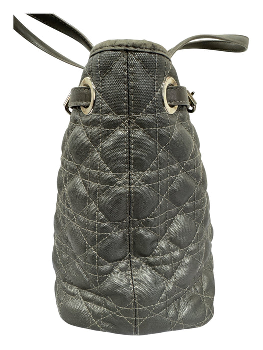 Christian Dior Gunmetal Coated Canvas Leather trim Quilted Logo Charm Tote Bag Gunmetal