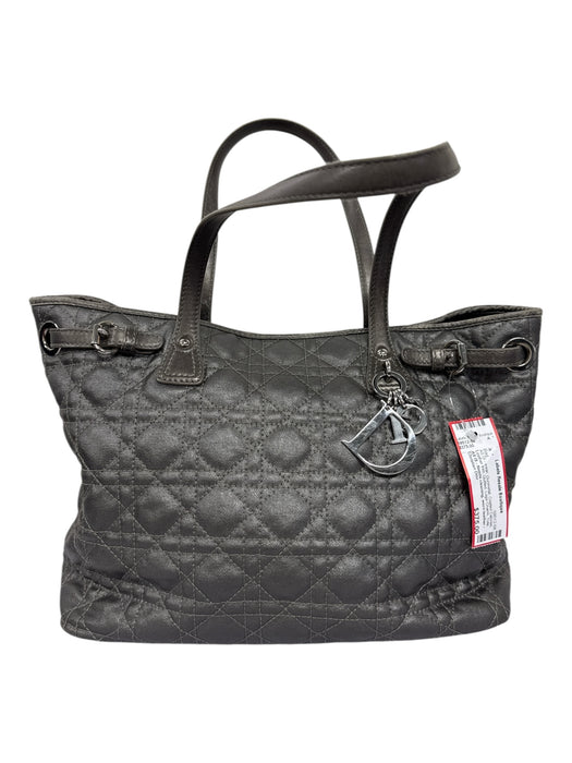 Christian Dior Gunmetal Coated Canvas Leather trim Quilted Logo Charm Tote Bag Gunmetal