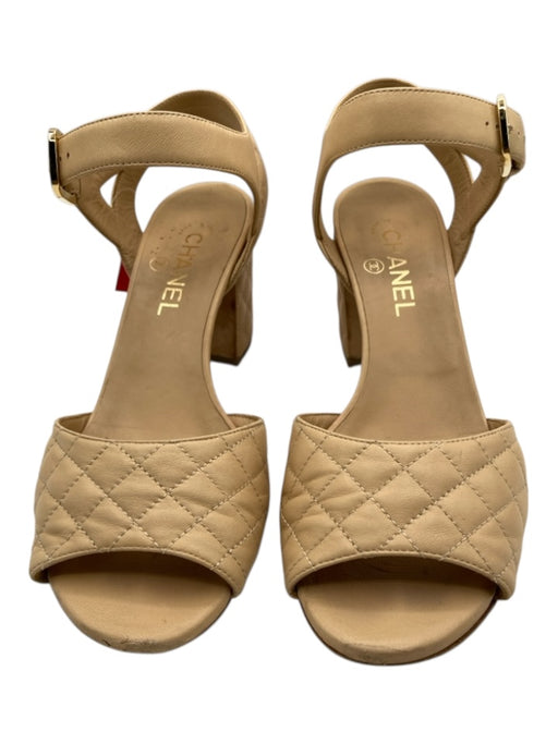 Chanel Shoe Size 39 Beige Leather Quilted Peep Toe Block Heel Ankle Buckle Pumps Beige / 39