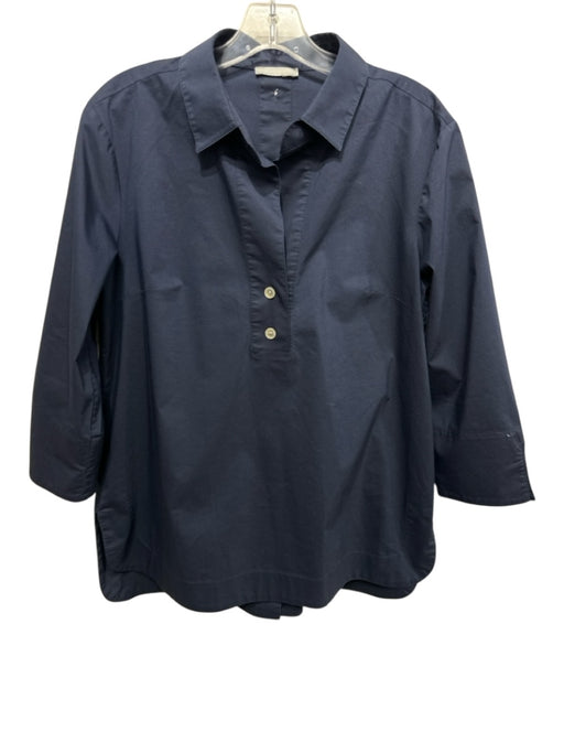 Hinson Wu Size Est M Navy Blue Cotton Blend 3/4 Sleeve Button Back Collared Top Navy Blue / Est M