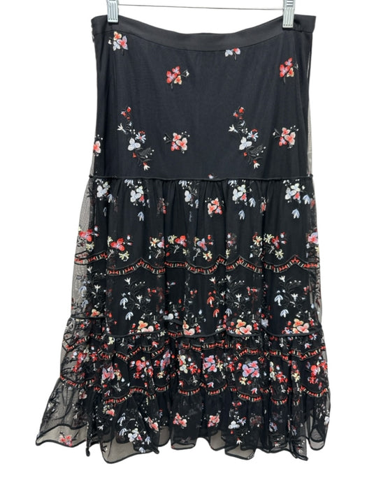 Tory Burch Size 10 Black & Multi Nylon Mesh Overlay Floral Embroidery Midi Skirt Black & Multi / 10