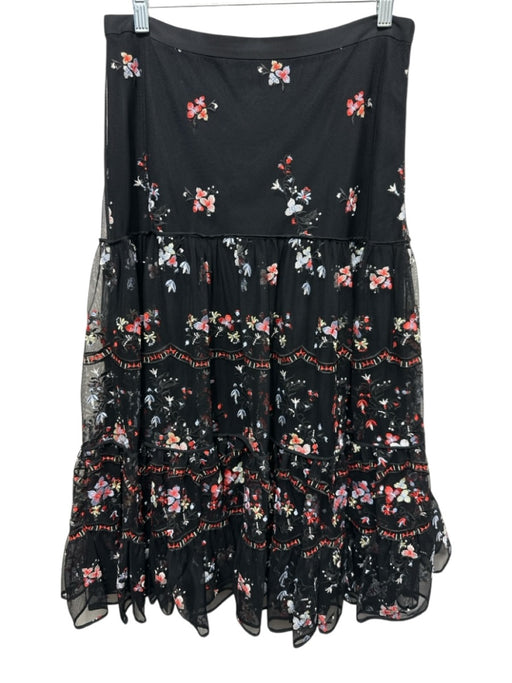 Tory Burch Size 10 Black & Multi Nylon Mesh Overlay Floral Embroidery Midi Skirt Black & Multi / 10