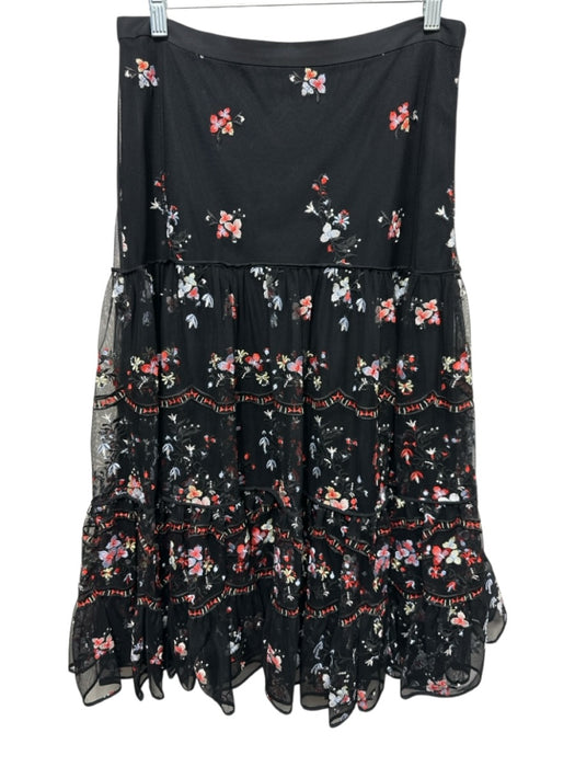 Tory Burch Size 10 Black & Multi Nylon Mesh Overlay Floral Embroidery Midi Skirt Black & Multi / 10