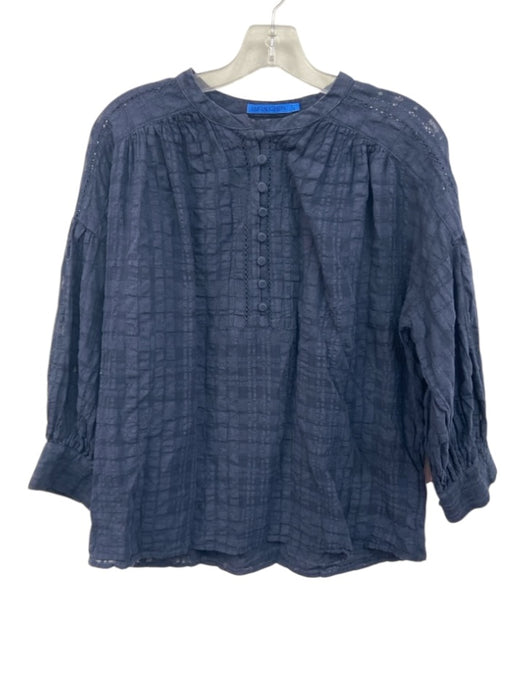 J. McLaughlin Size L Navy Cotton & Linen Long Sleeve Button Up Textured Top Navy / L
